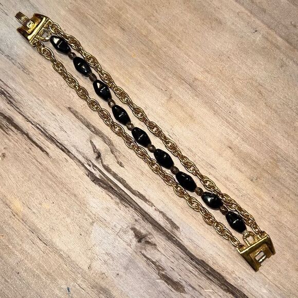 Trifari Gold Tone Chain With Black Bead Bracelet - Picture 1 of 7